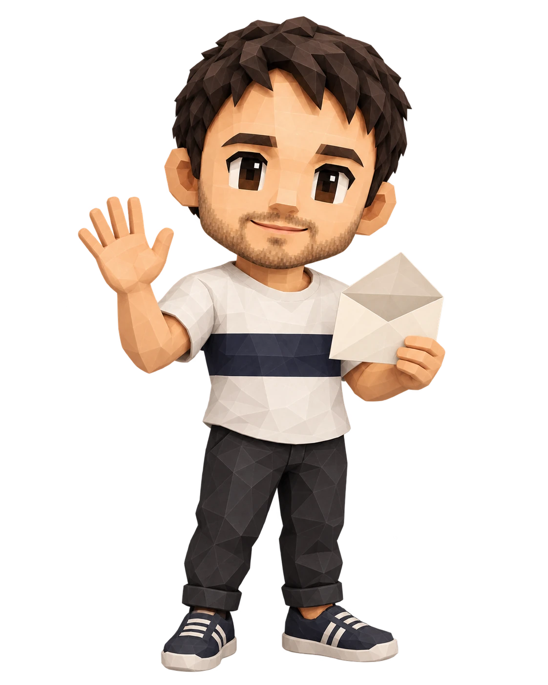 Illustration of Aleix waving and holding an open envelope