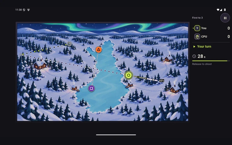 Arcblink gameplay showing a player aiming a rebound shot across a snowy arena.