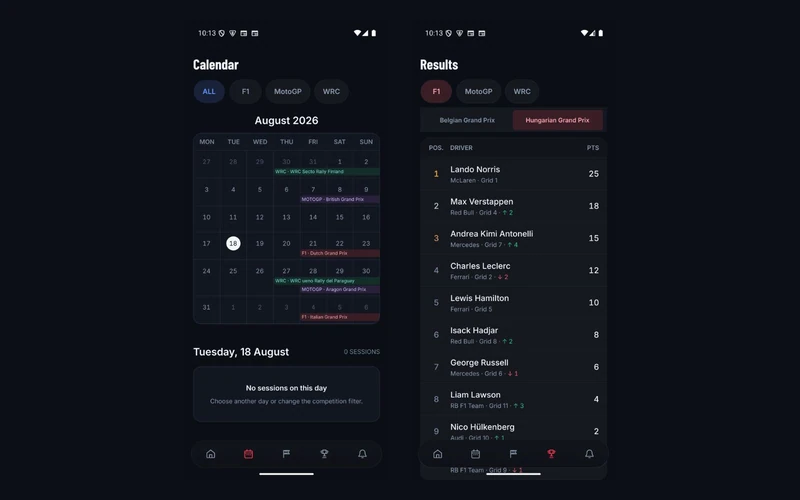 Race Tracker Android calendar and race results screens in English.